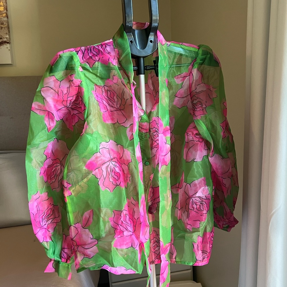 Floral Sheer Blouse with Pink and Green Design